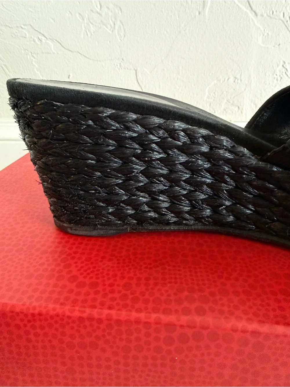Donald Pliner Frida Black Woven Raffia Wedge Slide with Rhinestone detail. 9M